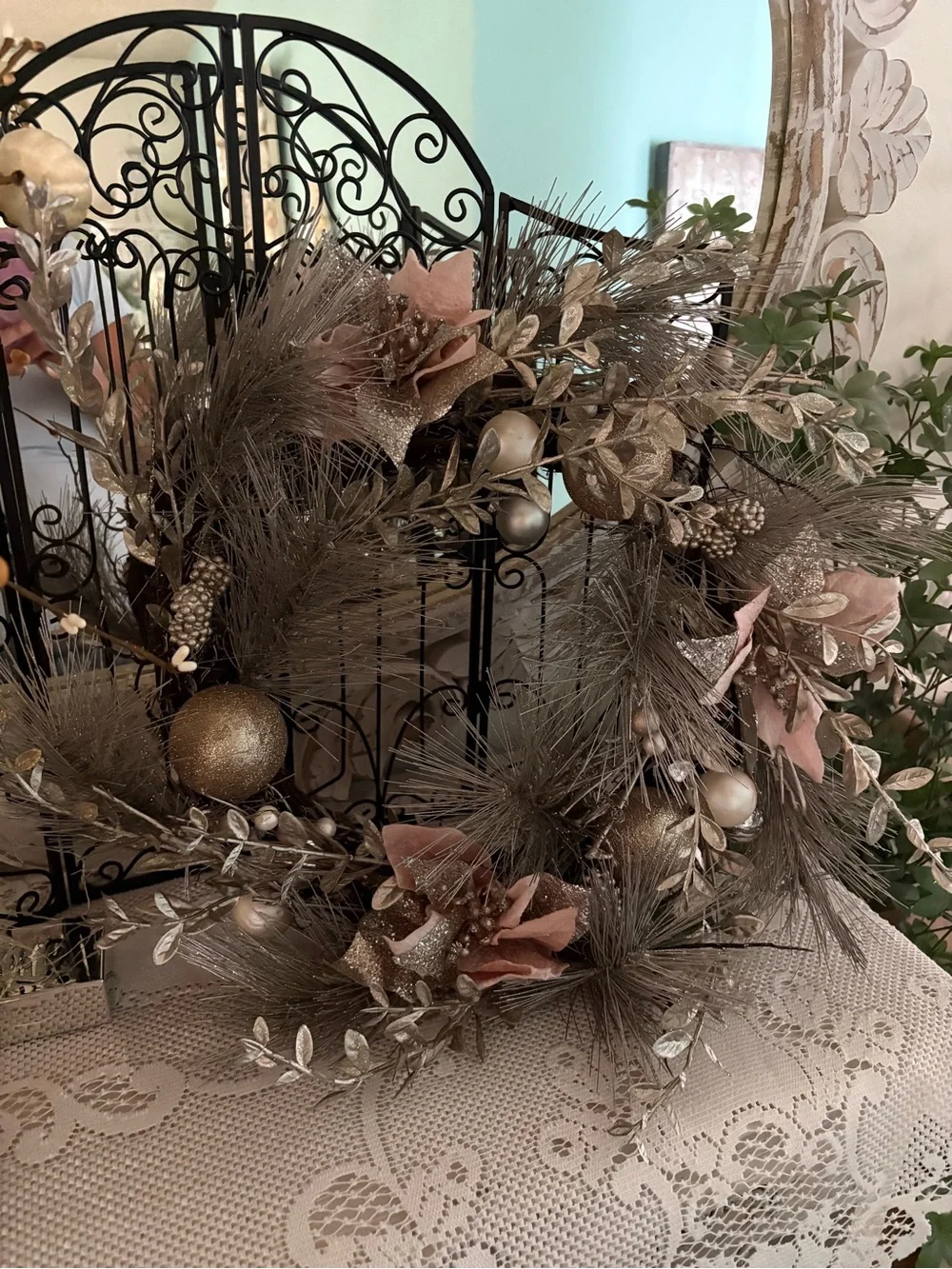 Shimmering Pink and Gold Holiday Wreath by